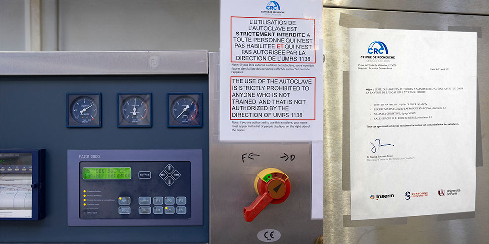 Détail de l'autoclave sur lequel sont afficher des messages d'autorisation et de prévention