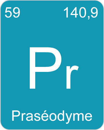 Extrait du tableau périodique des éléments : Pr (Praséodyme. 59. 140,9 (sur fond turquoise).